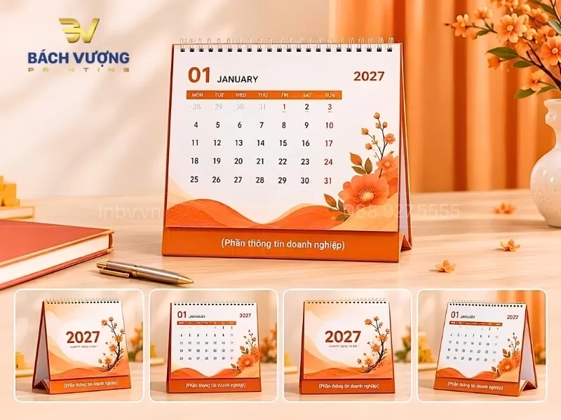 Mẫu lịch để b&agrave;n thiết kế theo y&ecirc;u cầu in họa tiết tone cam rực rỡ