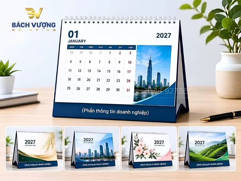 Mẫu lịch để b&agrave;n thiết kế theo y&ecirc;u cầu in h&igrave;nh ảnh doanh nghiệp, trụ sở,....