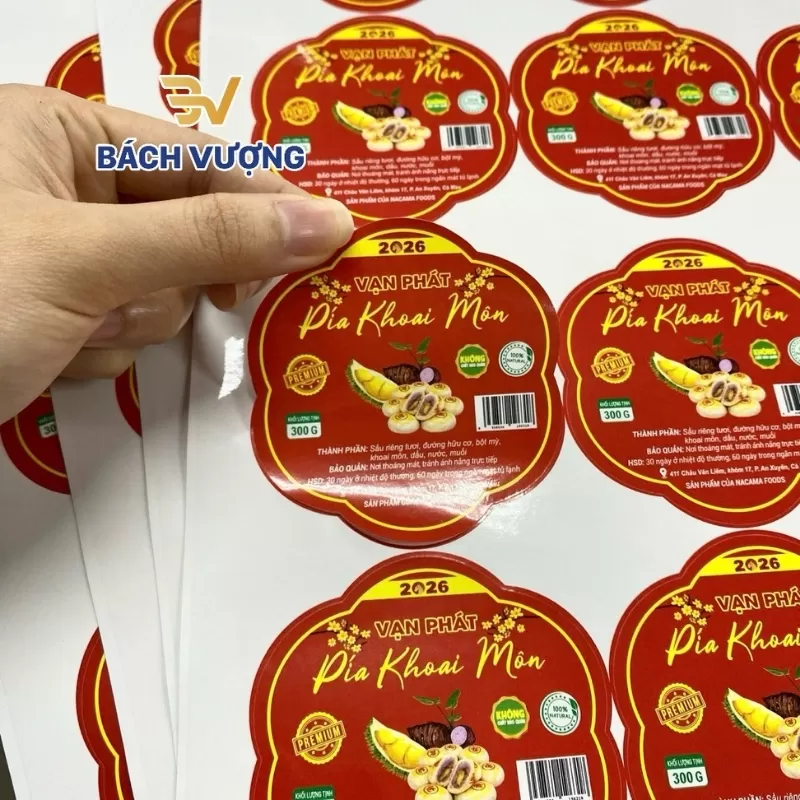 Decal nhựa sữa in tem sản phẩm pia khoai m&ocirc;n