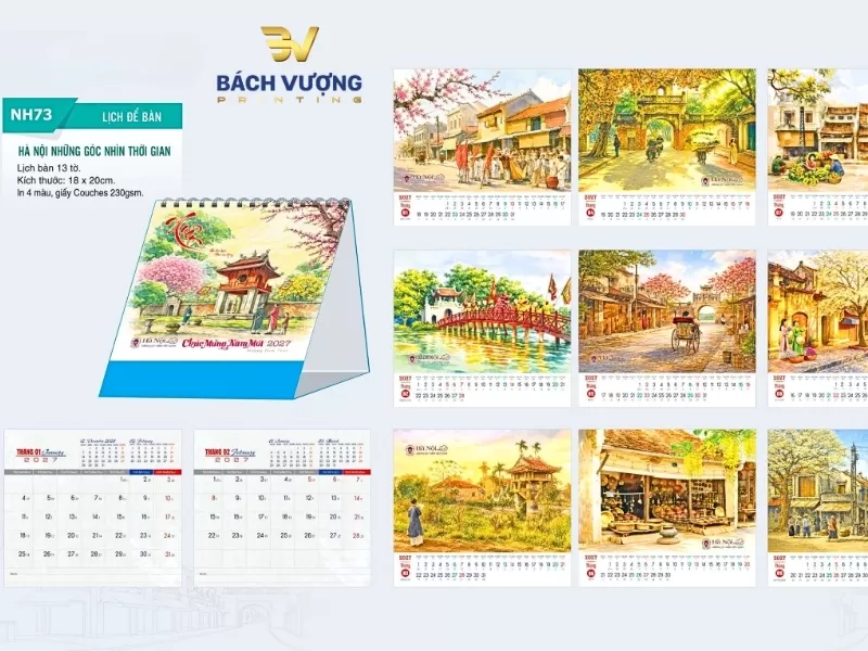 mẫu lịch để b&agrave;n 2027 mang phong c&aacute;ch hội họa ho&agrave;i cổ