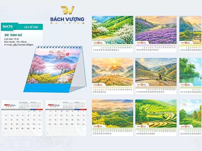 mẫu lịch để b&agrave;n 2027 mang phong c&aacute;ch phong cảnh thi&ecirc;n nhi&ecirc;n y&ecirc;n b&igrave;nh với chủ đề Bức Tranh Qu&ecirc;