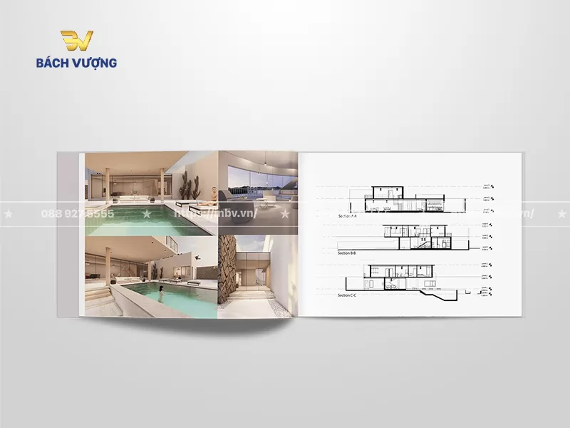 mẫu catalogue bất động sản tr&igrave;nh b&agrave;y mặt cắt kỹ thuật v&agrave; phối cảnh bể bơi nghỉ dưỡng nền trắng tối giản