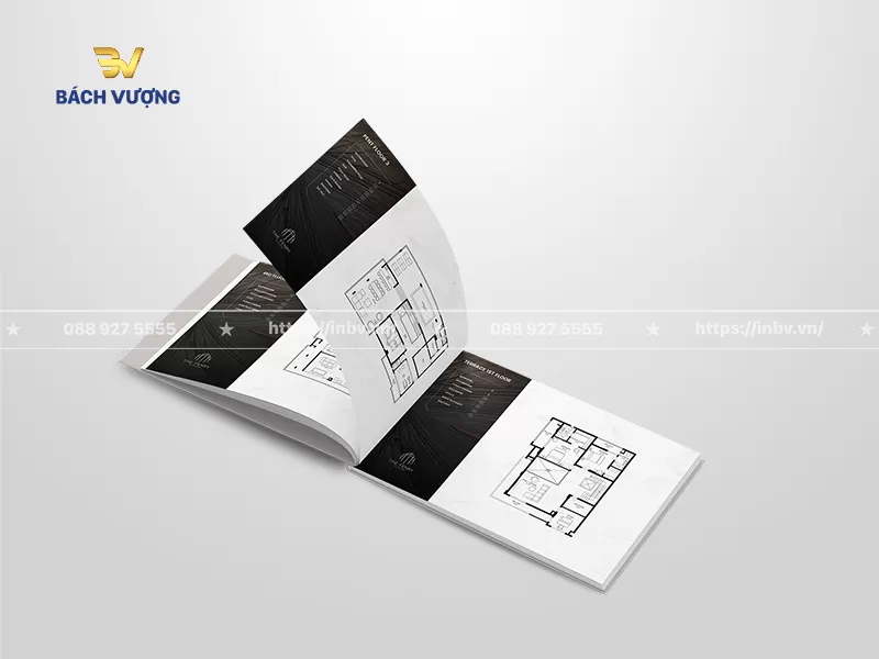 Phối cảnh lật trang mẫu catalogue bất động sản hiển thị chi tiết sơ đồ bản vẽ mặt bằng bố tr&iacute; nội thất c&aacute;c tầng căn hồ cao cấp