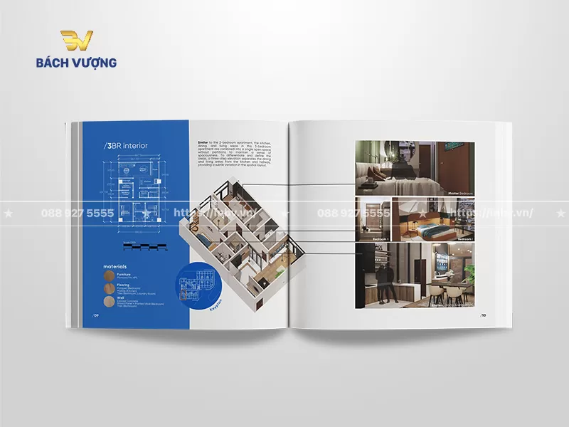Trang nội dung mẫu catalogue bất động sản tr&igrave;nh b&agrave;y bản vẽ kỹ thuật phẳng, bảng ch&uacute; th&iacute;ch vật liệu & m&ocirc; h&igrave;nh phối cảnh b&oacute;c m&aacute;i 3D đi k&egrave;m cụm ảnh phối cảnh thực tế