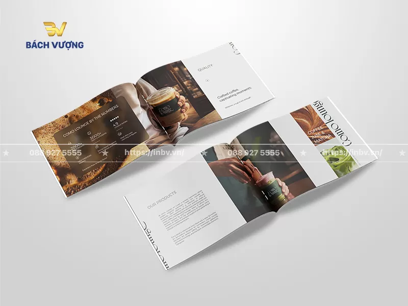 mẫu catalogue coffee kết hợp trang giới thiệu số liệu, trang định vị chất lượng & trang danh mục sản phẩm, sử dụng h&igrave;nh ảnh lifestyle ch&acirc;n thực