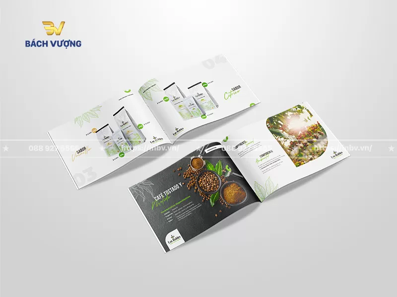 Phối cảnh trang mẫu catalogue coffee m&ocirc; tả quy tr&igrave;nh hạt rang xay kết hợp h&igrave;nh ảnh n&ocirc;ng trại truyền tải c&acirc;u chuyện thương hiệu