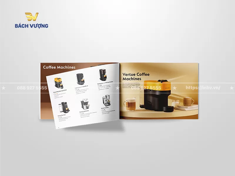 Thiết kế trang nội dung mẫu catalogue coffee giới thiệu d&ograve;ng m&aacute;y pha c&agrave; ph&ecirc; cao cấp bố cục dạng lưới liệt k&ecirc; t&iacute;nh năng v&agrave; h&igrave;nh ảnh thu nhỏ c&aacute;c d&ograve;ng m&aacute;y