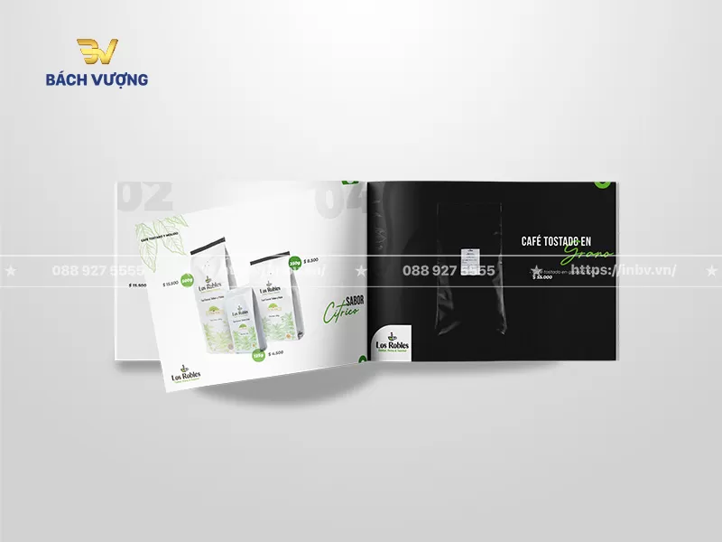 Thiết kế trang nội dung mẫu catalogue coffee m&agrave;u sắc đen-trắng tương phản giới thiệu sản phẩm