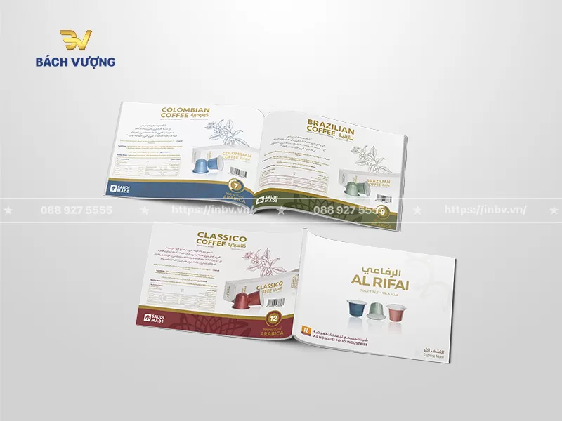 Thiết kế trang trong & trang b&igrave;a mẫu catalogue coffee giới thiệu d&ograve;ng c&agrave; ph&ecirc; vi&ecirc;n n&eacute;n bố cục r&otilde; r&agrave;ng, chịa theo từng hương vị kết hợp h&igrave;nh ảnh sản phẩm & th&ocirc;ng tin chi tiết bằng hai ng&ocirc;n ngữ