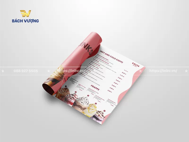 Trang danh mục mẫu catalogue coffee menu đồ uống k&egrave;m bảng gi&aacute; r&otilde; r&agrave;ng, tone hồng pastel & h&igrave;nh ảnh đầy m&agrave;u sắc