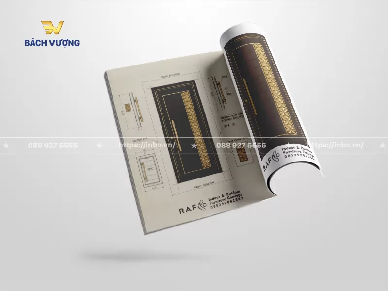 Phối cảnh lật trang nội dung bản vẽ kỹ thuật chi tiết cấu tạo cửa trong mẫu catalogue cửa sắt hiển thị r&otilde; r&agrave;ng th&ocirc;ng số k&iacute;ch thước mặt đứng, mặt cắt trực quan gi&uacute;p dễ theo d&otilde;i