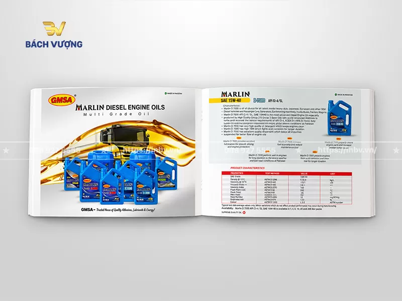 Thiết kế trang giới thiệu sản phẩm mẫu catalogue dầu nhớt sử dụng bảng th&ocirc;ng số kỹ thuật chi tiết & c&aacute;c đặc t&iacute;nh sản phẩm r&otilde; r&agrave;ng