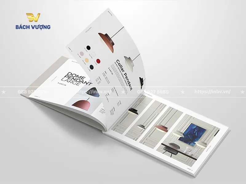 Thiết kế trang mẫu catalogue đ&egrave;n trang tr&iacute; với th&ocirc;ng số sản phẩm & h&igrave;nh ảnh phối cảnh kh&ocirc;ng gian thực tế