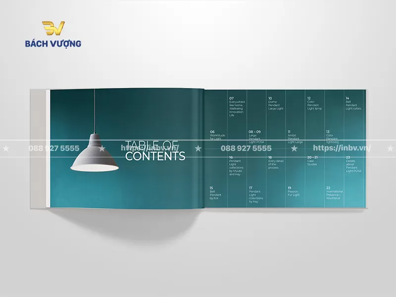 Thiết kế trang mục lục bố cục r&otilde; r&agrave;ng nền xanh ngọc kết hợp h&igrave;nh ảnh mẫu đ&egrave;n thả trần tối giản mẫu catalogue đ&egrave;n trang tr&iacute;