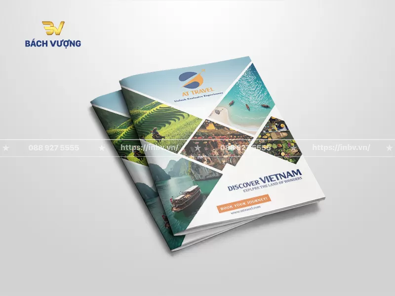 mẫu catalogue du lịch ấn tượng với bố cục mặt b&igrave;a được chia th&agrave;nh c&aacute;c &ocirc; kim cương đan xen độc đ&aacute;o, tr&igrave;nh b&agrave;y những h&igrave;nh ảnh danh lam thắng cảnh đặc trưng của Việt Nam
