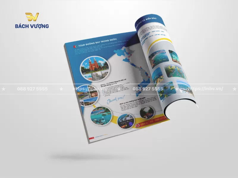 Thiết kế mẫu catalogue du lịch sử dụng bản đồ Việt Nam l&agrave;m nền, kết hợp c&aacute;c khung tr&ograve;n giới thiệu điểm đến nổi tiếng