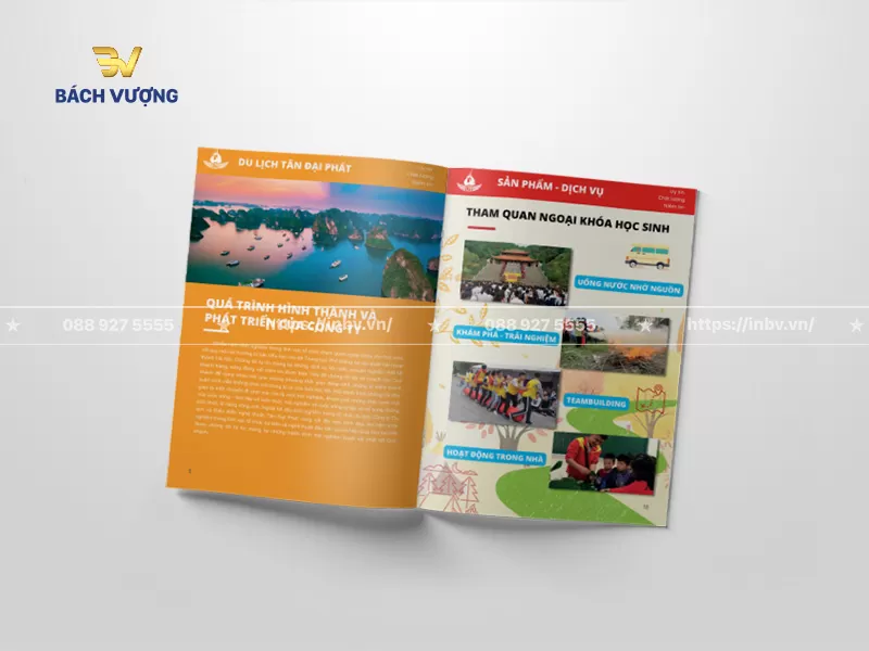 Trang nội dung mẫu catalogue du lịch giới thiệu qu&aacute; tr&igrave;nh h&igrave;nh th&agrave;nh & ph&aacute;t triển c&ocirc;ng ty k&egrave;m h&igrave;nh ảnh về địa điểm, tour tham quan & c&aacute;c hoạt động trải nghiệm