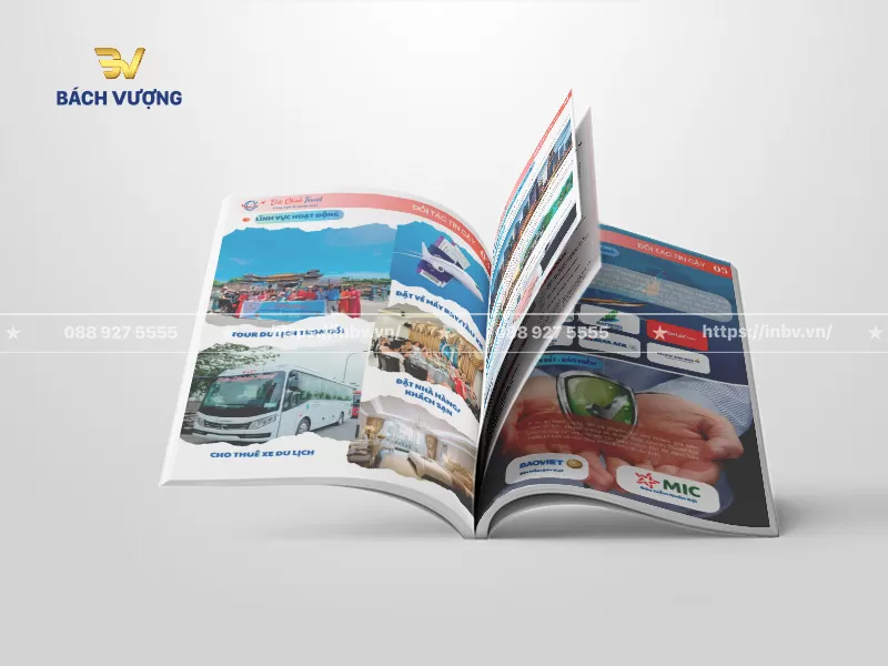 Trang nội dung mẫu catalogue du lịch hiển thị r&otilde; n&eacute;t c&aacute;c lĩnh vực hoạt động của doanh nghiệp & danh s&aacute;ch c&aacute;c đối t&aacute;c, thương hiệu bảo hiểm