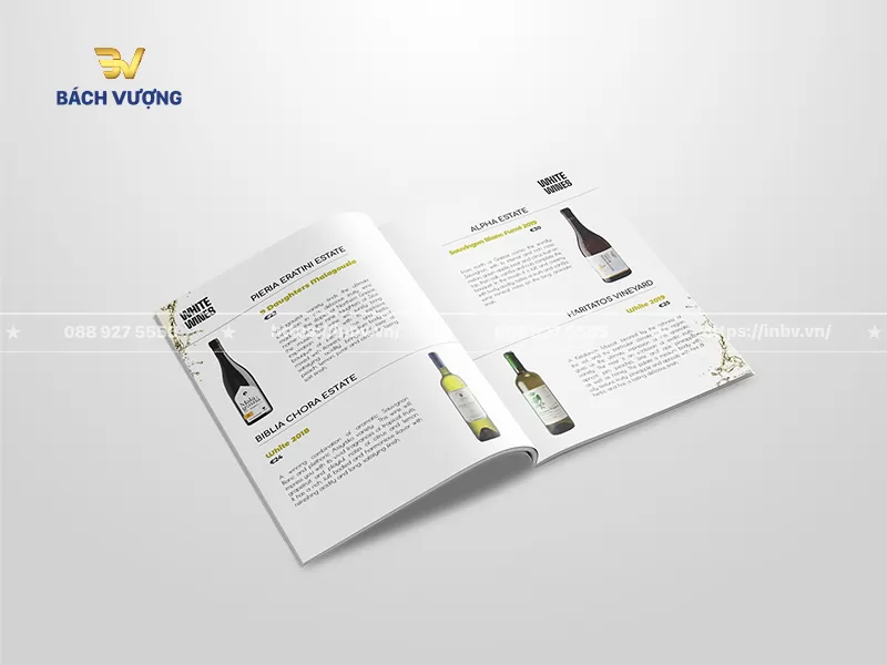 Layout danh mục sản phẩm mẫu catalogue rượu vang trắng sắp xếp xen kẽ c&aacute;c chai rượu c&ugrave;ng những đoạn m&ocirc; tả hương vị chi tiết v&agrave; gi&aacute; b&aacute;n r&otilde; r&agrave;ng