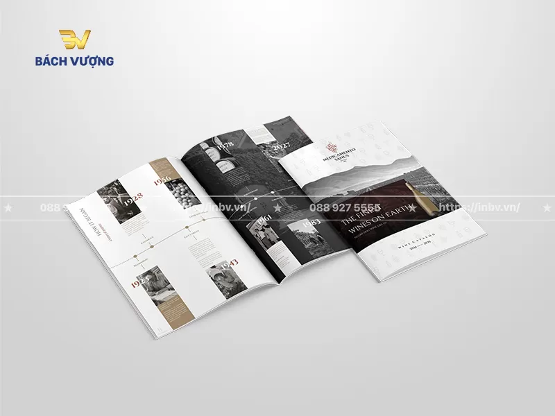 mẫu catalogue rượu kể c&acirc;u chuyện thương hiệu thiết kế trang lịch sử & sơ đồ d&ograve;ng thời gian trực quan, độc đ&aacute;o k&egrave;m bức ảnh tư liệu trắng đen ho&agrave;i cổ về xưởng l&agrave;m rượu & c&aacute;nh đồng nho