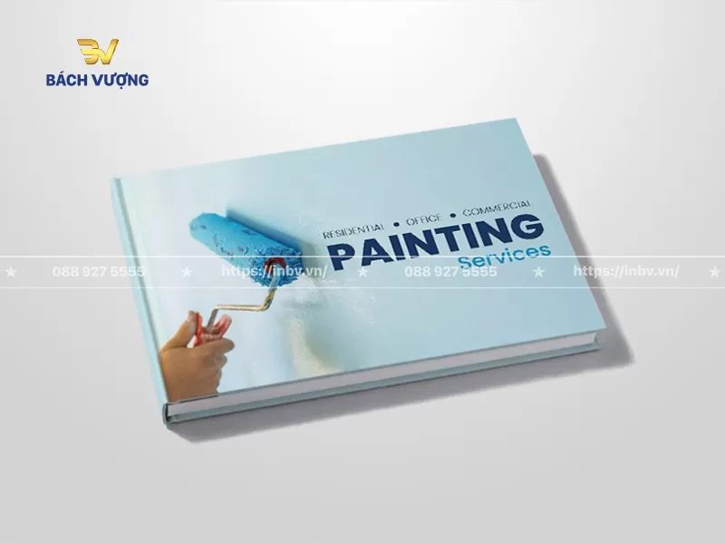 mẫu catalogue sơn & dịch vụ thi c&ocirc;ng nh&agrave; ở, văn ph&ograve;ng b&igrave;a ngang sử dụng tone xanh nhạt thanh lịch