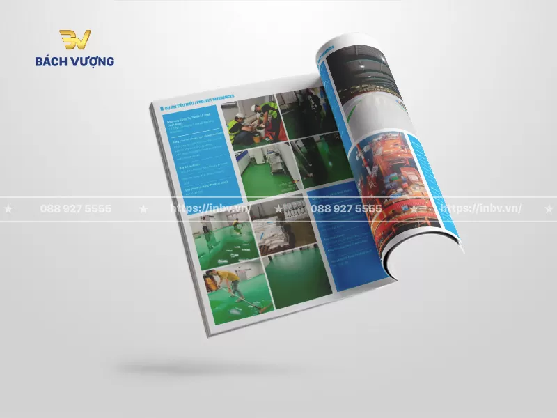 Trang dự &aacute;n thực tế trong mẫu catalogue sơn s&agrave;n c&ocirc;ng nghiệp với nhiều h&igrave;nh ảnh thực tế ghi lại qu&aacute; tr&igrave;nh thi c&ocirc;ng v&agrave; bề mặt s&agrave;n ho&agrave;n thiện sau khi sơn