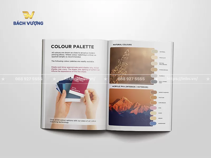 Trang hiển thị bảng m&agrave;u chi tiết b&ecirc;n trong một mẫu catalogue sơn tường cao cấp gồm c&aacute;c &ocirc; chứa mẫu m&agrave;u thực tế k&egrave;m t&ecirc;n gọi cụ thể, kết hợp h&igrave;nh ảnh minh họa phong cảnh & ảnh chụp thẻ m&agrave;u Pantone sinh động