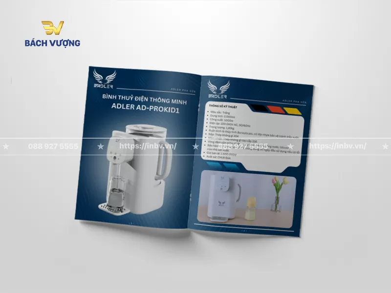Thiết kế trang mẫu catalogue thiết bị điện gia dụng với h&igrave;nh ảnh sản phẩm tinh tế tr&ecirc;n nền xanh dương đậm tr&igrave;nh b&agrave;y chi tiết bảng th&ocirc;ng số kỹ thuật c&ugrave;ng h&igrave;nh ảnh ứng dụng thực tế trong kh&ocirc;ng gian ph&ograve;ng