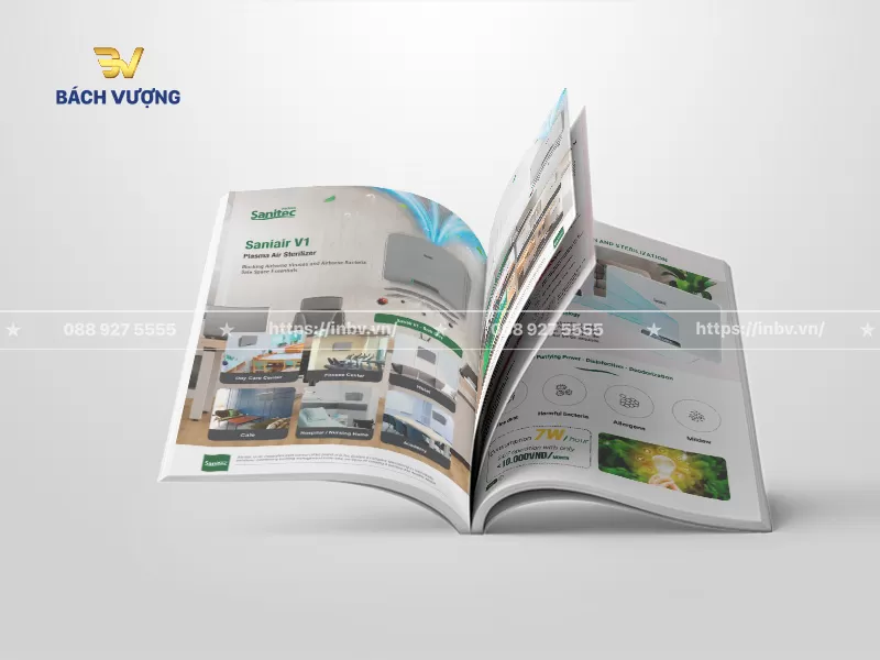 Thiết kế trang mẫu catalogue thiết bị điện & m&aacute;y khử khuẩn tr&igrave;nh b&agrave;y chi tiết t&iacute;nh năng sản phẩm, th&ocirc;ng số kỹ thuật & c&aacute;c kh&ocirc;ng gian ứng dụng thực tế in biểu tượng icon r&otilde; r&agrave;ng, sắc n&eacute;t