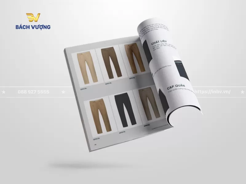 Bố cục trang chi tiết sản phẩm trong mẫu catalogue thời trang nam k&egrave;m th&ocirc;ng tin chi tiết về chất liệu vải & cạp quần