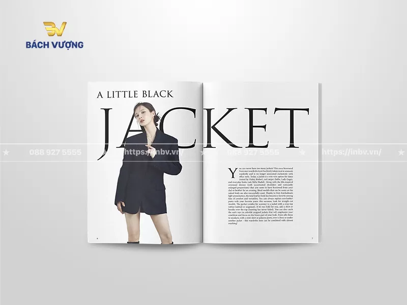 mẫu catalogue thời trang phong c&aacute;ch tạp ch&iacute; tối giản với h&igrave;nh ảnh người mẫu nữ diện &aacute;o kho&aacute;c blazer & đoạn văn bản giới thiệu sản phẩm