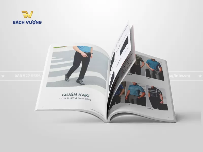 Phối cảnh lật trang mẫu catalogue thời trang d&ograve;ng quần kaki nam đi k&egrave;m c&aacute;c layout ảnh nhỏ trưng b&agrave;y đa dạng mẫu &aacute;o thun polo c&ocirc;ng sở