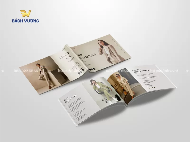Thiết kế mẫu catalogue thời trang c&ocirc;ng sở nữ hiển thị h&igrave;nh ảnh người mẫu diện trang phục k&egrave;m th&ocirc;ng tin giới thiệu thương hiệu