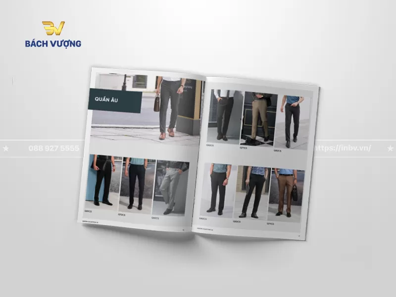 Trang trưng b&agrave;y danh mục sản phẩm quần &acirc;u nam hiển thị c&aacute;c &ocirc; layout gọn g&agrave;ng chụp ảnh người mẫu phối d&aacute;ng quần nhiều m&agrave;u sắc mẫu catalogue thời trang 