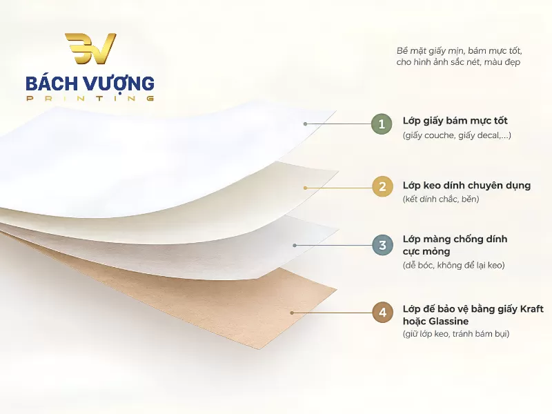 Sơ đồ chi tiết cấu tạo 4 lớp của decal giấy