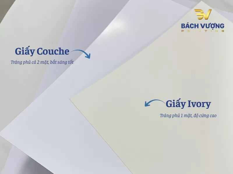 Sự kh&aacute;c biệt cơ bản giữa giấy Couche & giấy Ivory về đặc điểm tr&aacute;ng phủ bề mặt, m&agrave;u sắc & độ cứng của giấy 